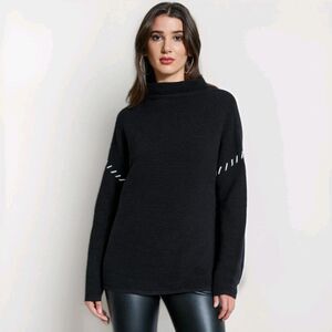 T Tahari Funnel Neck Sweater Stitch Shoulder Black Cozy Fall Comfort Medium